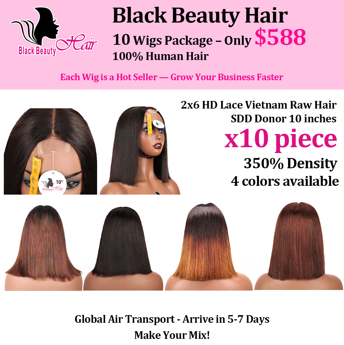 Black Beauty Hair10 Wigs Package-only $588 100% Human Hair(Shipping costs not included)