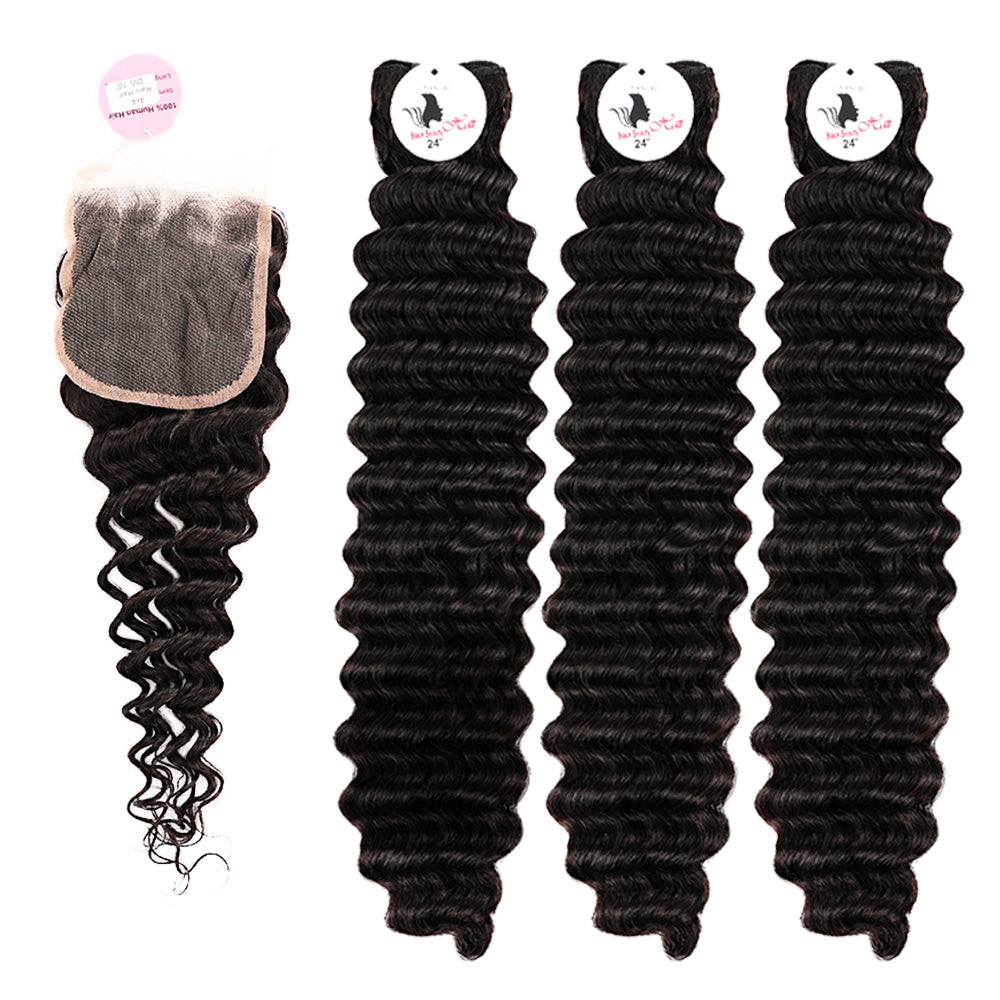Black Beauty Hair 4x4 deep wave Lace Closure With Bundles Vietnamese real hair deep wave Bundles