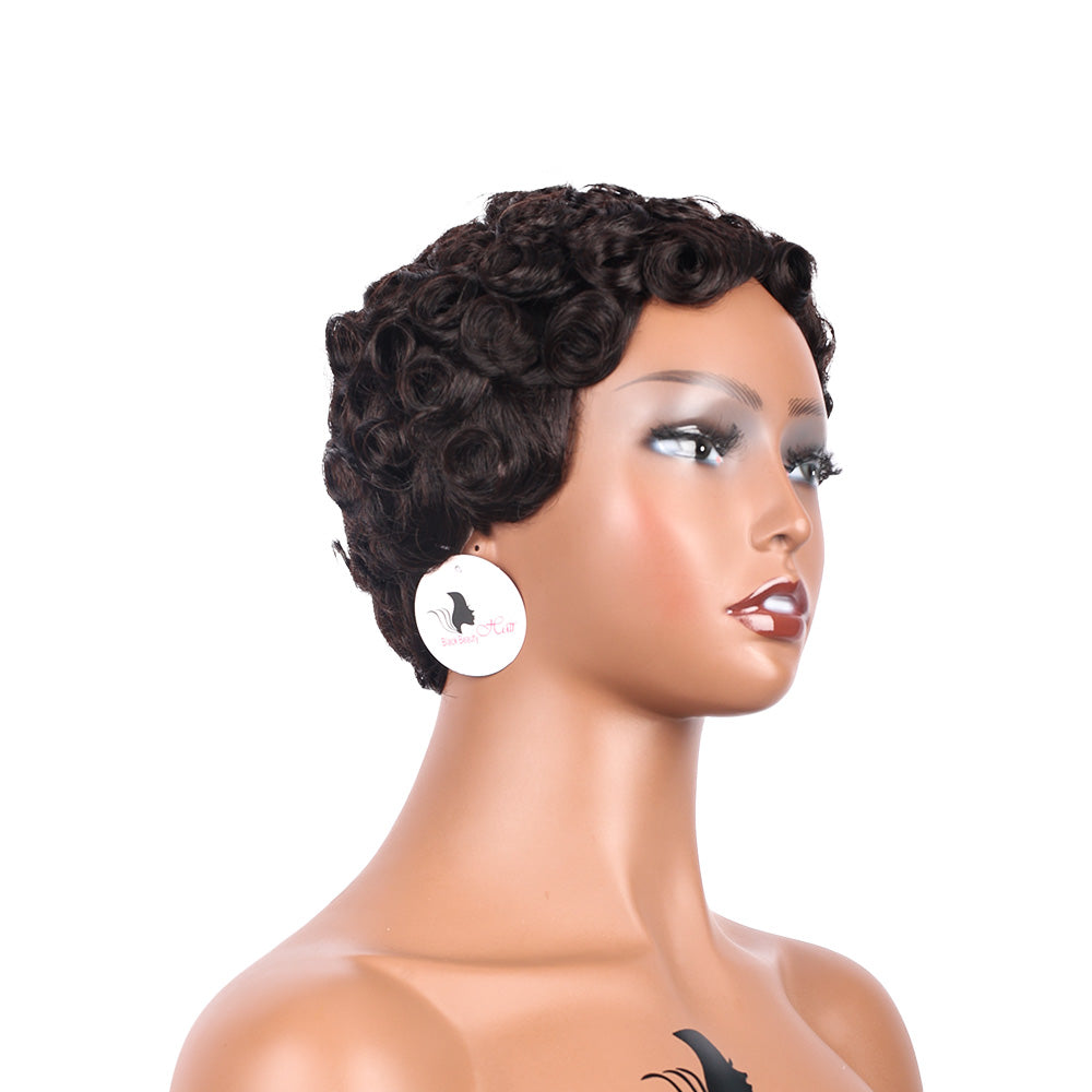 Black Beauty Hair Halle Pixie Cut Wigs Human Hair Short Layered Pixie Cut Human Hair Wigs For Black Women Glueless Short Curly wigs With Bangs For Daily Use Natural Black 1B Color Full Machine Made