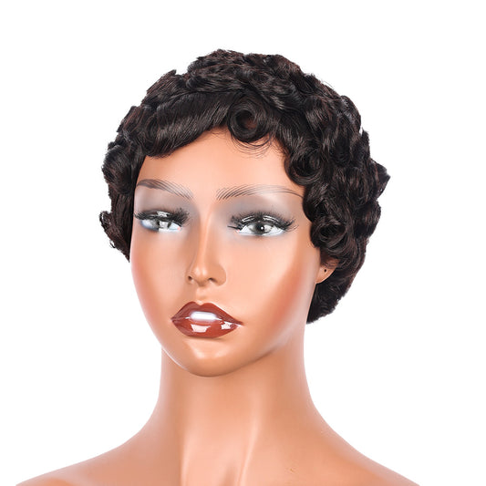 Black Beauty Hair Halle Pixie Cut Wigs Human Hair Short Layered Pixie Cut Human Hair Wigs For Black Women Glueless Short Curly wigs With Bangs For Daily Use Natural Black 1B Color Full Machine Made