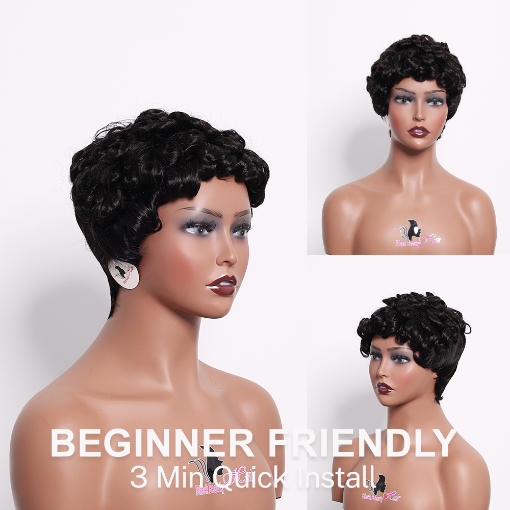BlackBeautyHair 100% human hair short pixie curl & choima hair wig BBH801 natural black color