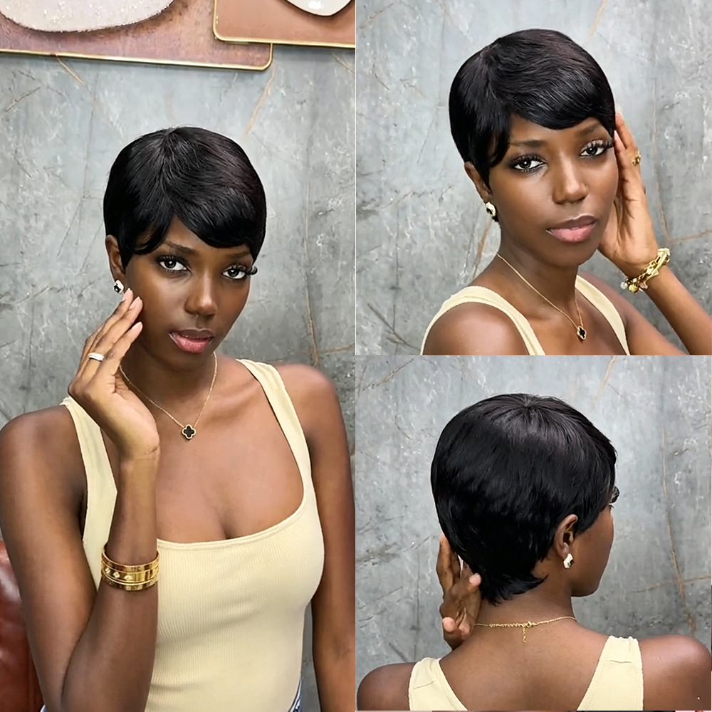 BlackBeautyHair 100% human hair short pixie curl & choima hair wig BBH805 natural black color