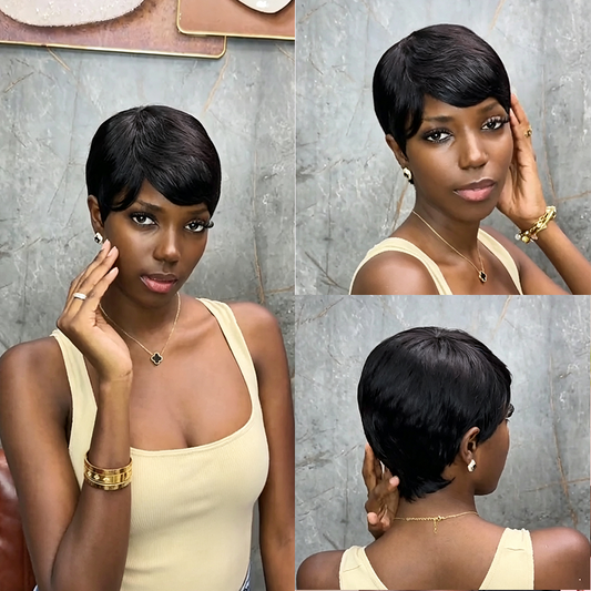 BlackBeautyHair 100% human hair short pixie curl & choima hair wig BBH805 natural black color