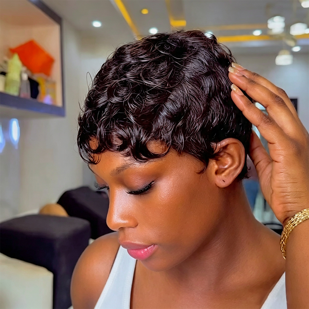 BlackBeautyHair 100% human hair short pixie curl & choima hair wig natural black color
