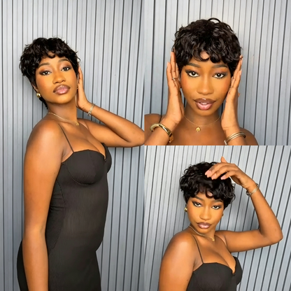 BlackBeautyHair 100% human hair short pixie curl & choima hair wig BBH801 natural black color