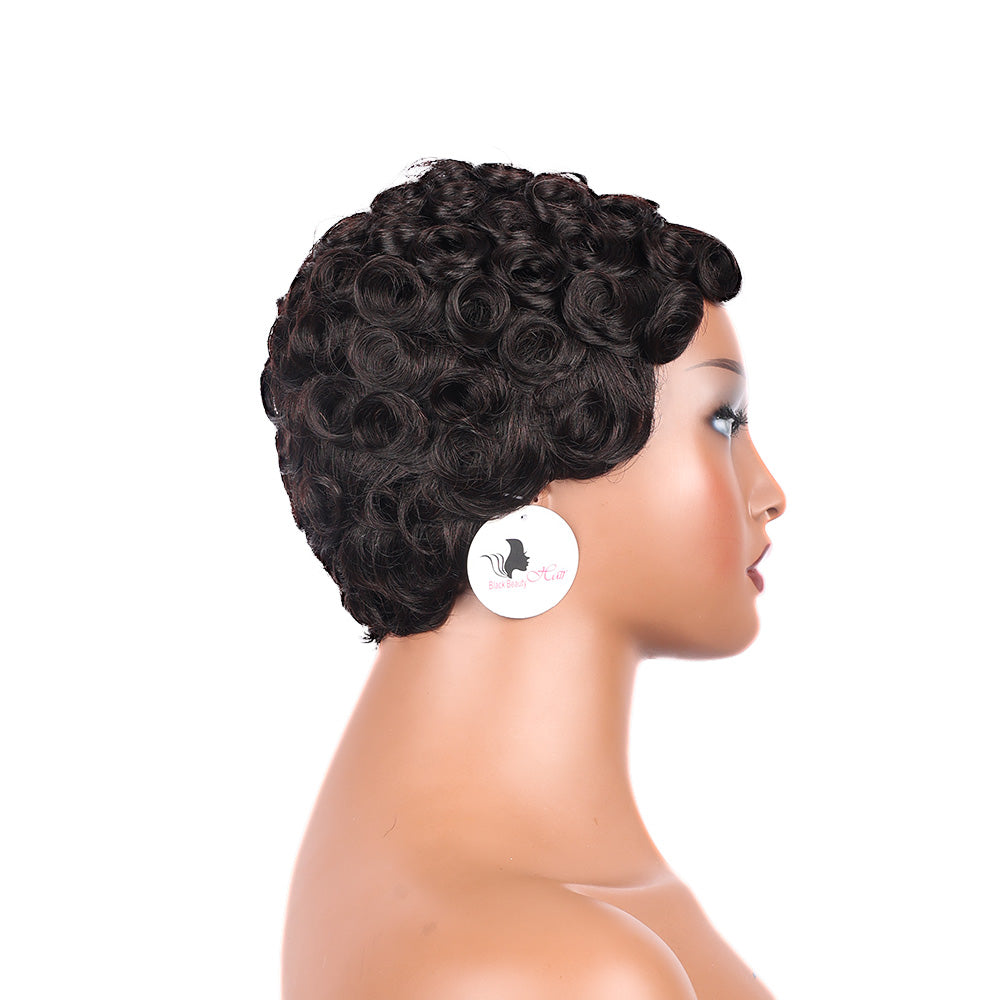 Black Beauty Hair  Halle Pixie Cut Wigs Human Hair Short Layered Pixie Cut Human Hair Wigs For Black Women Glueless Short Curly wigs With Bangs For Daily Use Natural Black 1B Color Full Machine Made