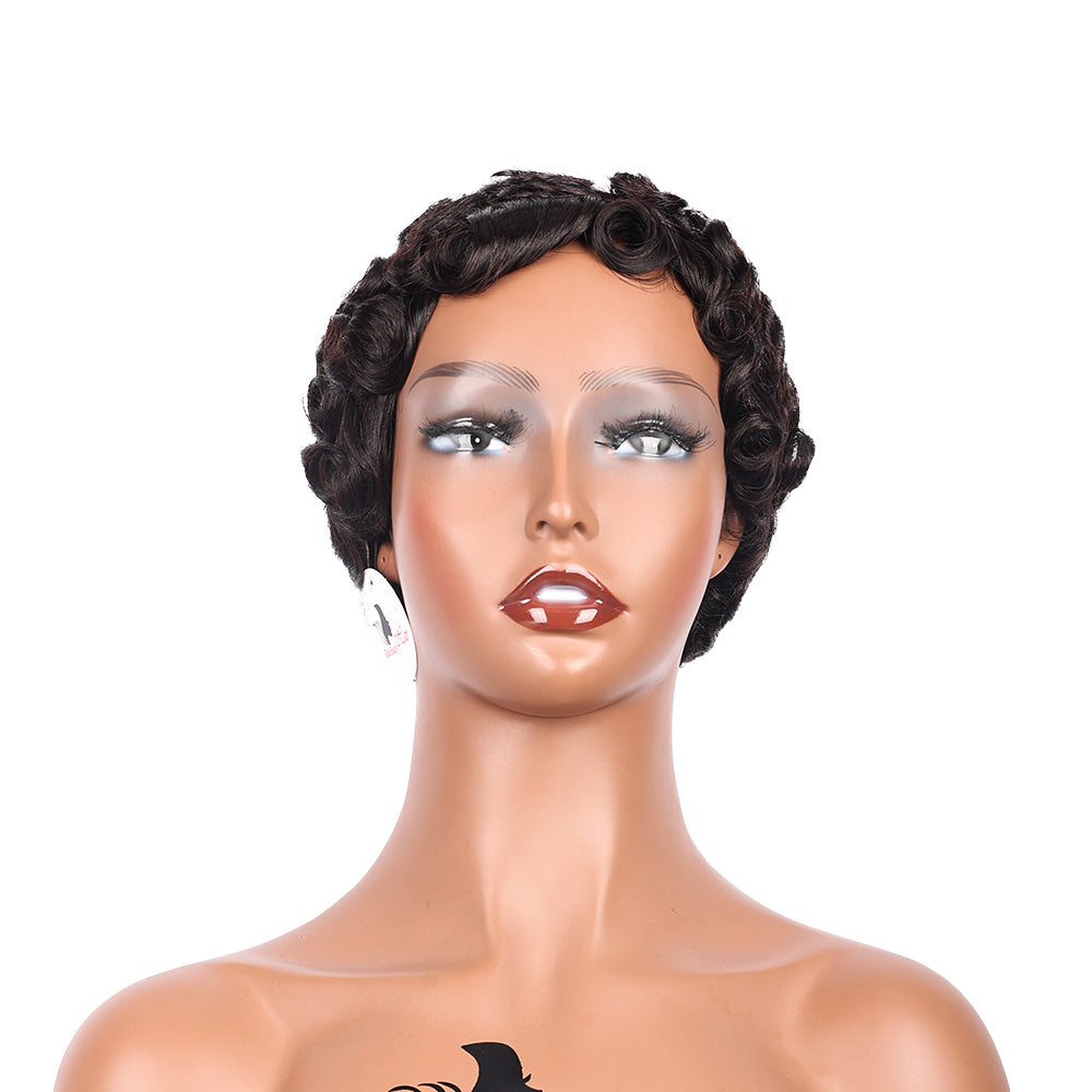 Black Beauty Hair  Halle Pixie Cut Wigs Human Hair Short Layered Pixie Cut Human Hair Wigs For Black Women Glueless Short Curly wigs With Bangs For Daily Use Natural Black 1B Color Full Machine Made