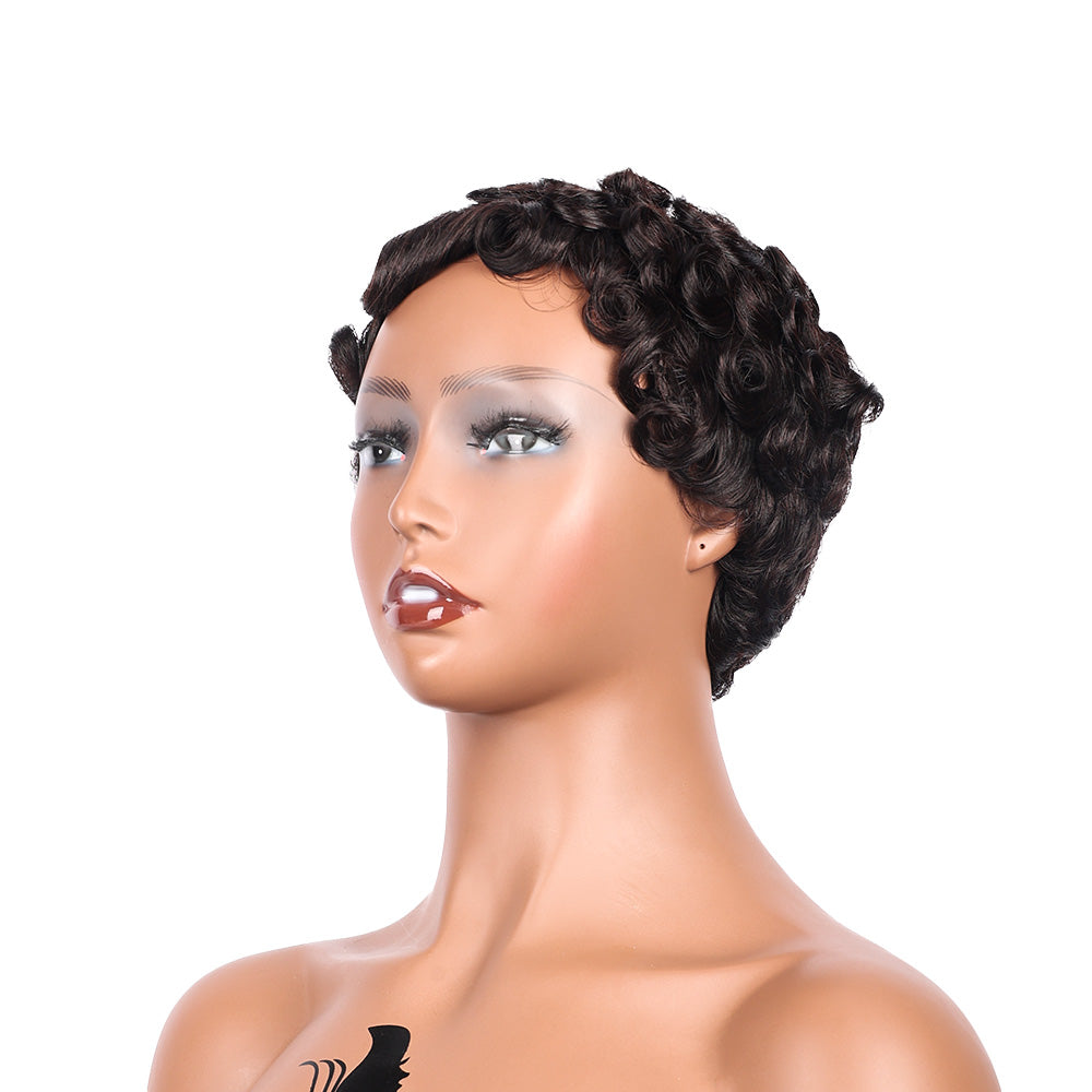Black Beauty Hair  Halle Pixie Cut Wigs Human Hair Short Layered Pixie Cut Human Hair Wigs For Black Women Glueless Short Curly wigs With Bangs For Daily Use Natural Black 1B Color Full Machine Made