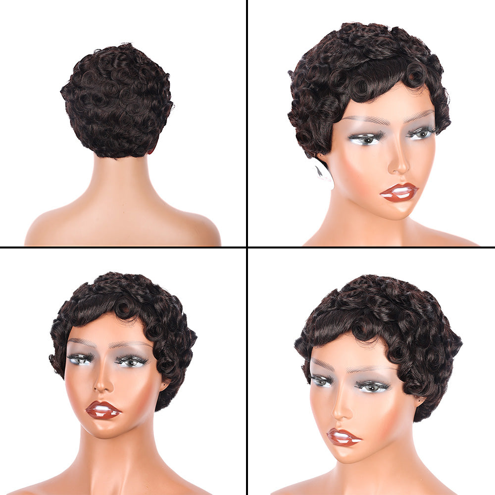 Black Beauty Hair  Halle Pixie Cut Wigs Human Hair Short Layered Pixie Cut Human Hair Wigs For Black Women Glueless Short Curly wigs With Bangs For Daily Use Natural Black 1B Color Full Machine Made