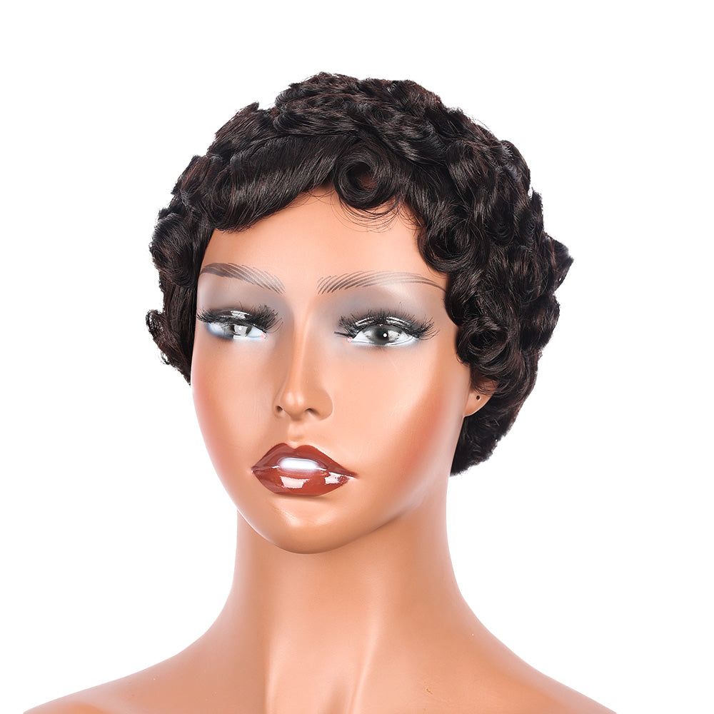 Black Beauty Hair  Halle Pixie Cut Wigs Human Hair Short Layered Pixie Cut Human Hair Wigs For Black Women Glueless Short Curly wigs With Bangs For Daily Use Natural Black 1B Color Full Machine Made