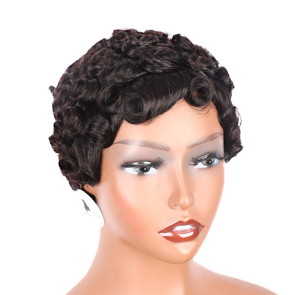Black Beauty Hair  Halle Pixie Cut Wigs Human Hair Short Layered Pixie Cut Human Hair Wigs For Black Women Glueless Short Curly wigs With Bangs For Daily Use Natural Black 1B Color Full Machine Made