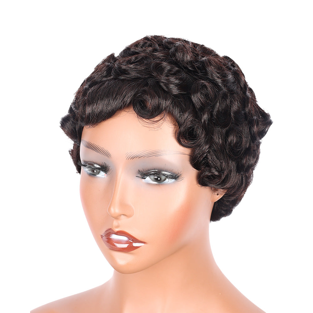 Black Beauty Hair  Halle Pixie Cut Wigs Human Hair Short Layered Pixie Cut Human Hair Wigs For Black Women Glueless Short Curly wigs With Bangs For Daily Use Natural Black 1B Color Full Machine Made